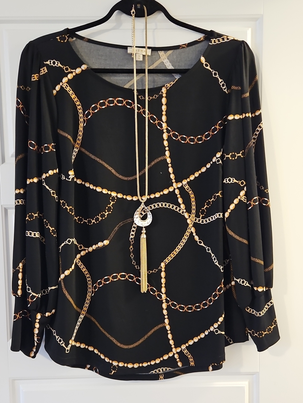 Laura Petites Black Chain-Print Long Sleeve Blouse with Gold Accents